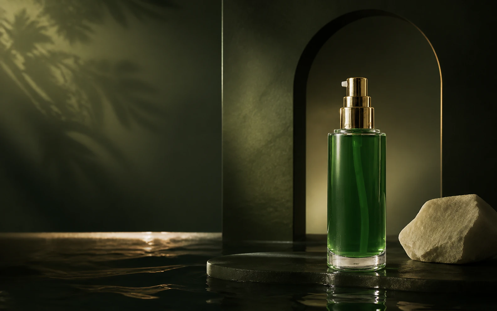 Emerald Hirudin serum in a sculptural studio setting